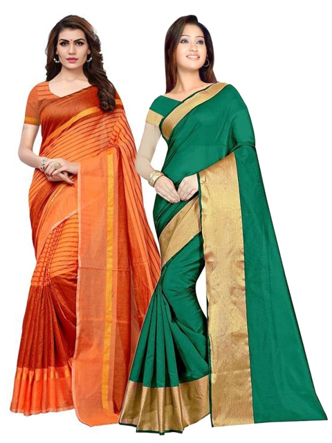 

SAADHVI Pack of 2 Striped Silk Cotton Saree, Green