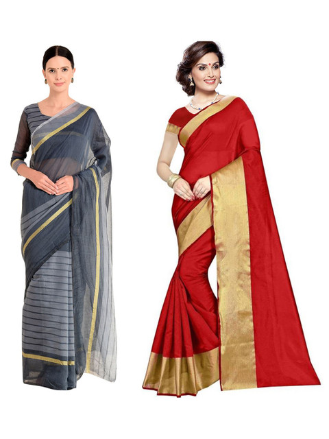 

SAADHVI Pack Of 2 Red & Grey Striped Silk Cotton Saree