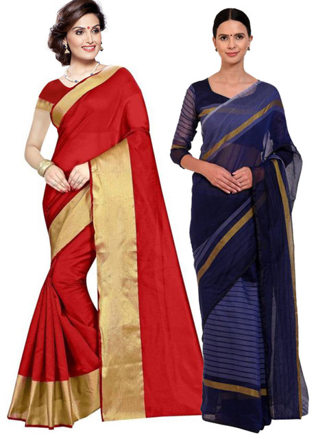 

SAADHVI Set of 2 Red & Navy Blue Silk Cotton Saree