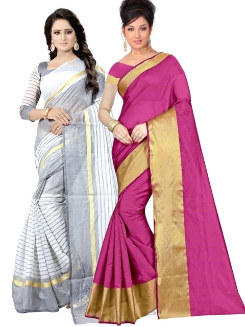 

SAADHVI Pink & White Set of 2 Striped Silk Cotton Saree