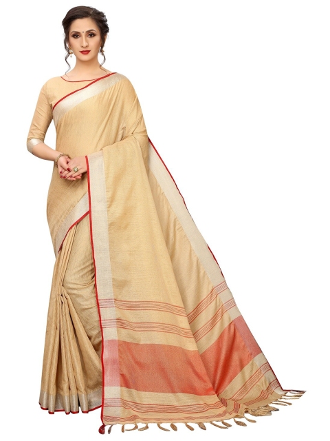 

PERFECTBLUE Cream-Coloured & Orange Solid Cotton Linen Zari Saree