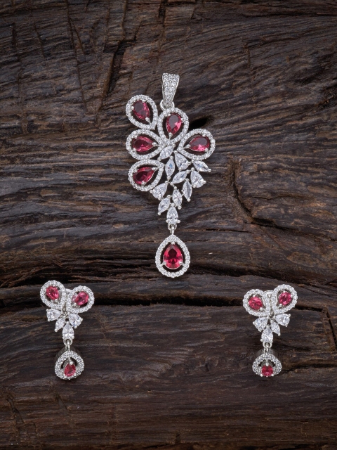 

Kushal's Fashion Jewellery Rhodium Plated Red Pendant Set With Earring