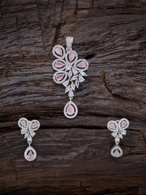 

Kushal's Fashion Jewellery Pink Rhodium-Plated Pendant With Earrings