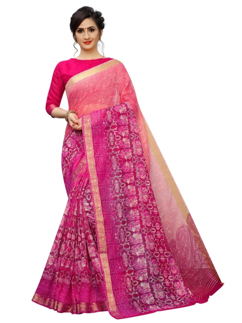 

PERFECTBLUE Pink & Beige Floral Zari Cotton Linen Blend Saree