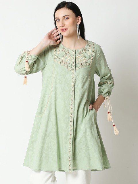 

Aanyor Women Green Floral Embroidered Pure Cotton Kurti