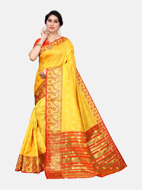 

Yashika Yellow & Red Woven Design Zari Silk Blend Banarasi Saree