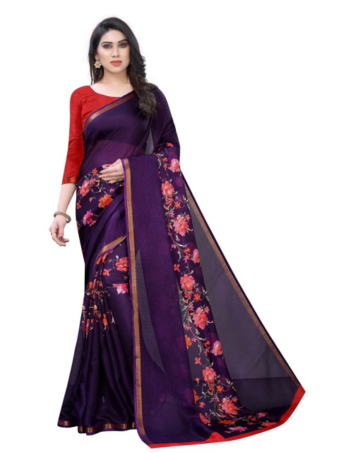 

PERFECTBLUE Purple & Pink Floral Cotton Linen Saree