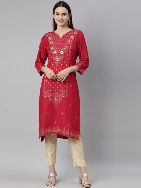 

Neerus Women Pink Ethnic Motifs Embellished Chikankari Kurta