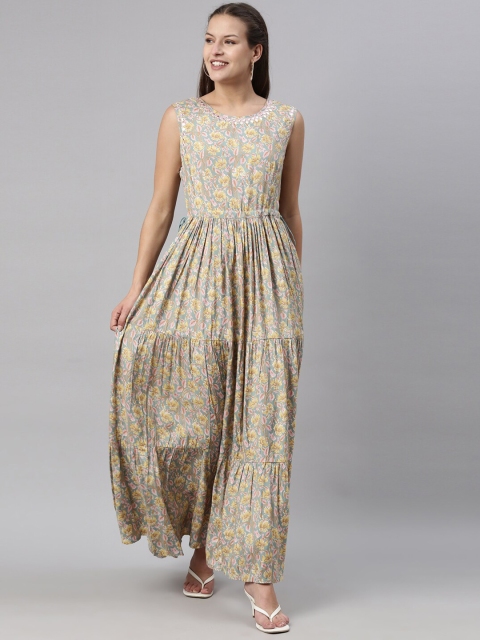 

Neerus Women Olive Green Printed Round Neck Tiered Kurta