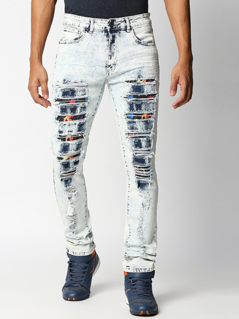 

WAIMEA Men White Skinny Fit Mildly Distressed Printed Stretchable Jeans