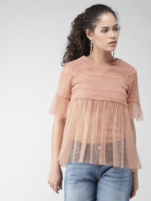 

FOREVER 21 Women Peach-Coloured Sheer Empire-Line Top