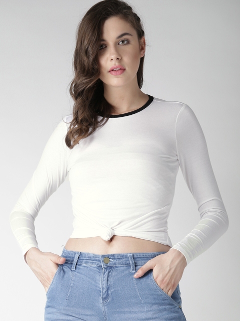 

FOREVER 21 Women White Solid Round Neck T-shirt