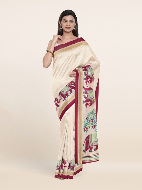 

Pothys Cream-Coloured & Pink Ethnic Motifs Saree