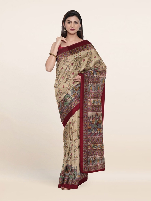 

Pothys Cream-Coloured & Maroon Kalamkari Saree