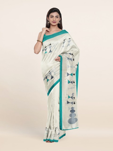 

Pothys Cream-Coloured & Blue Printed Saree