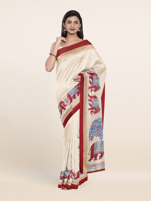 

Pothys Cream-Coloured & Red Ethnic Motifs Saree