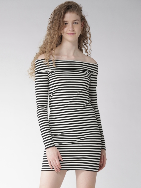 

FOREVER 21 Women Black & White Striped Off-Shoulder Sheath Dress