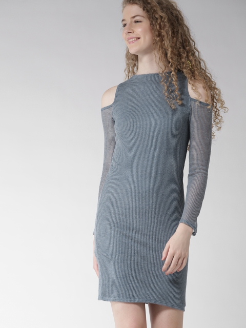 

FOREVER 21 Women Blue Self-Striped Cold Shoulder Sheath Dress