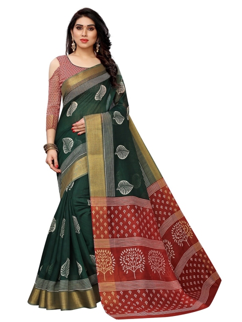 

PERFECTBLUE Green & Red Floral Zari Bhagalpuri Saree