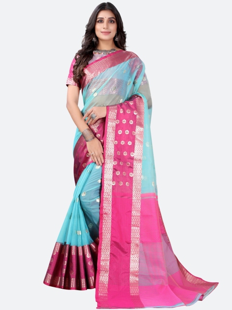 

Satrani Turquoise Blue & Pink Ethnic Motifs Zari Organza Jamdani Saree
