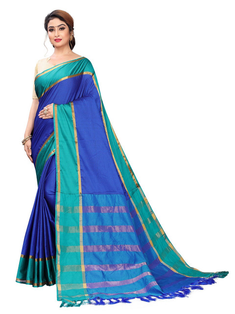 

PERFECTBLUE Blue & Green Zari Silk Cotton Saree