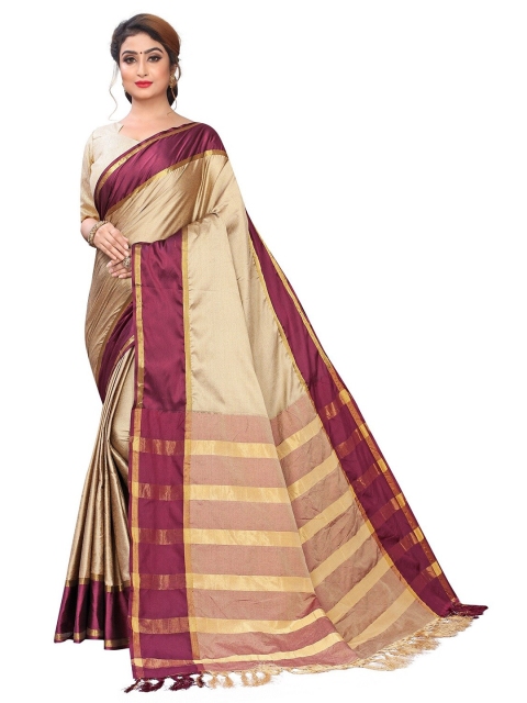 

PERFECTBLUE Cream-Coloured & Violet Solid Zari Saree