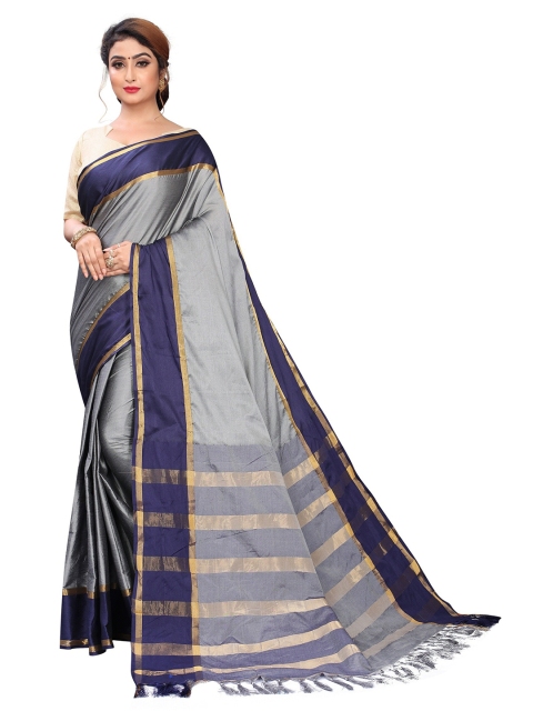 

PERFECTBLUE Grey & Blue Zari Silk Cotton Saree