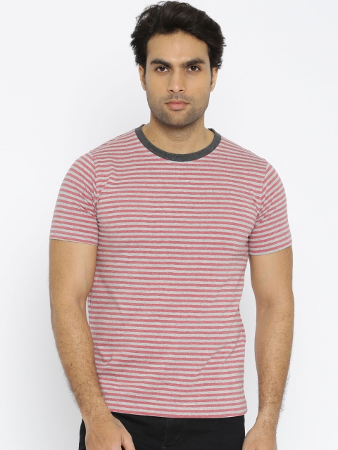 

American Crew Men Grey Melange & Red Striped Round Neck T-Shirt