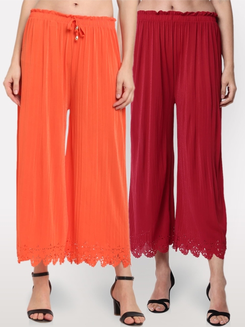

NEUDIS Women Orange & Maroon Set Of 2 Pleated Jodhpuris Trousers