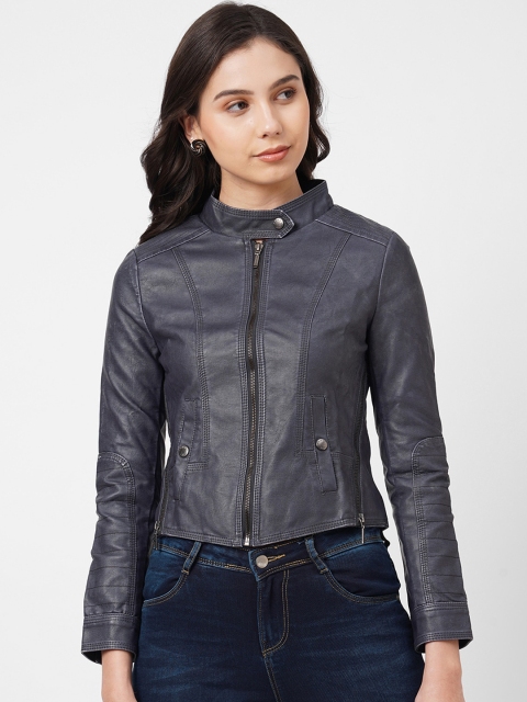 

Kraus Jeans Women Blue Solid Crop Biker Jacket