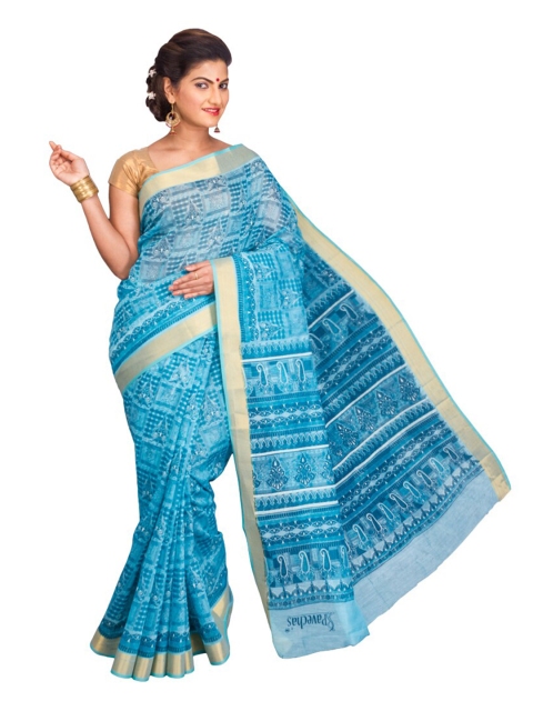 

KALINI Blue & White Ethnic Motifs Zari Gadwal Saree