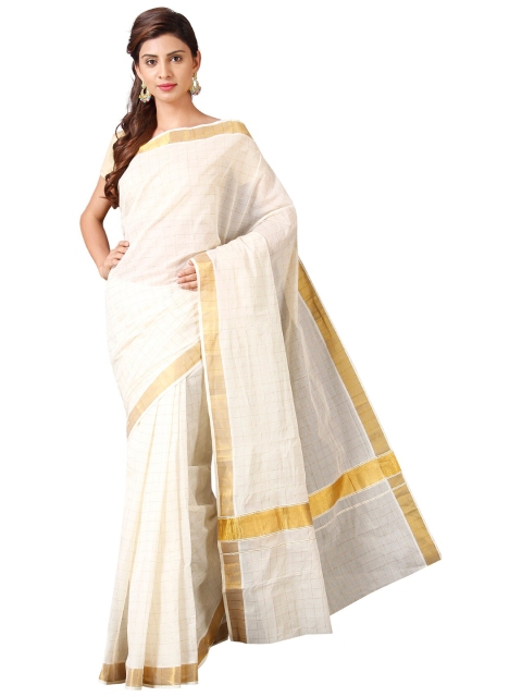 

KALINI White & Golden Zari Pure Cotton Kasavu Saree