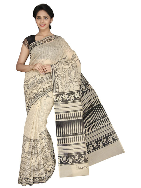 

KALINI Beige & Grey Ethnic Motifs Mangalagiri Cotton Blend Saree