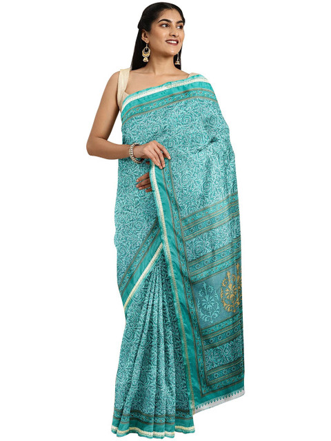 

KALINI Teal Blue & Grey Floral Printed Zari Saree
