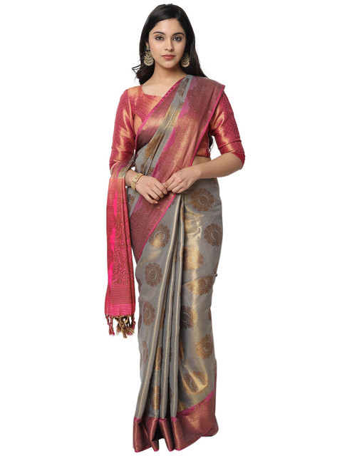 

PERFECTBLUE Grey & Pink Ethnic Motifs Art Silk Banarasi Saree