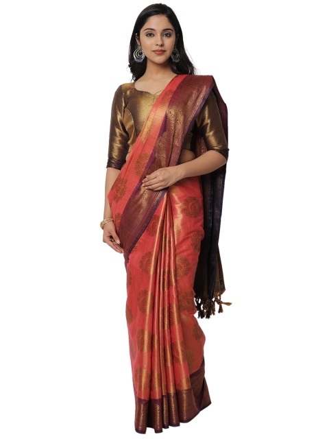 

PERFECTBLUE Peach-Coloured & Gold-Toned Ethnic Motifs Zari Art Silk Banarasi Saree