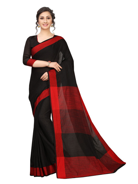 

PERFECTBLUE Black & Red Cotton Linen Blend Saree