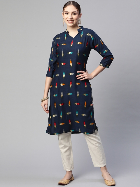 

Fashion FRICKS Women Navy Blue Ethnic Motifs Printed Kurta