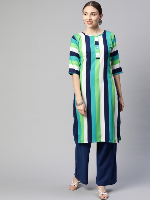 

Fashion FRICKS Women Green & Navy Blue Striped Kurta