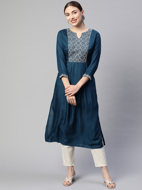 

Fashion FRICKS Women Navy Blue Ethnic Motifs Yoke Design Kurta