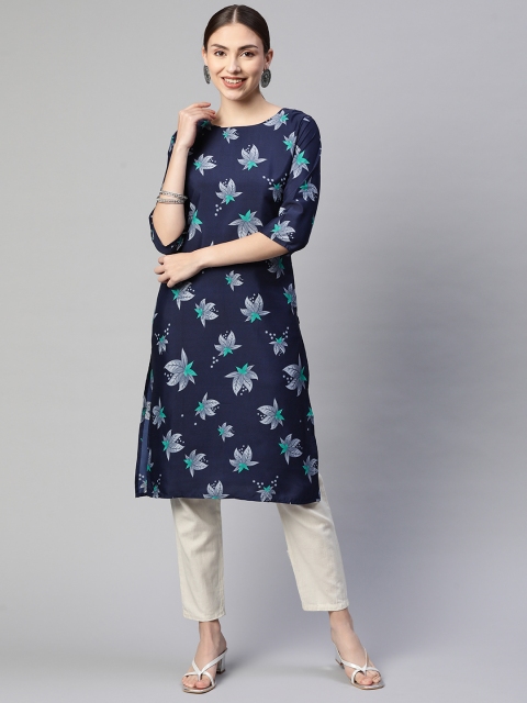 

Fashion FRICKS Women Navy Blue Floral Printed Kurta