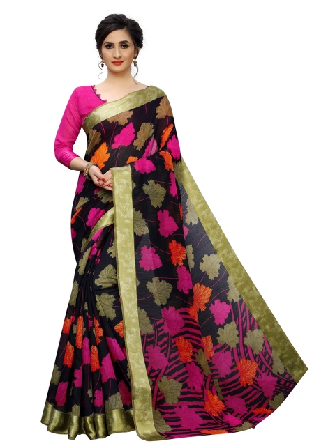 

PERFECTBLUE Black & Magenta Floral Printed Saree