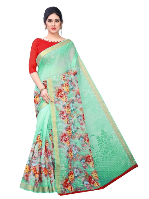 

PERFECTBLUE Green & Red Floral Printed Cotton Linen Saree