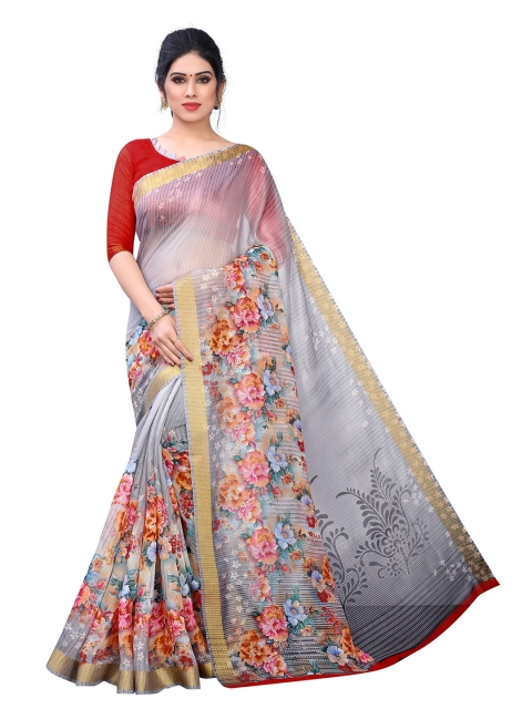 

PERFECTBLUE Grey & Pink Floral Printed Saree