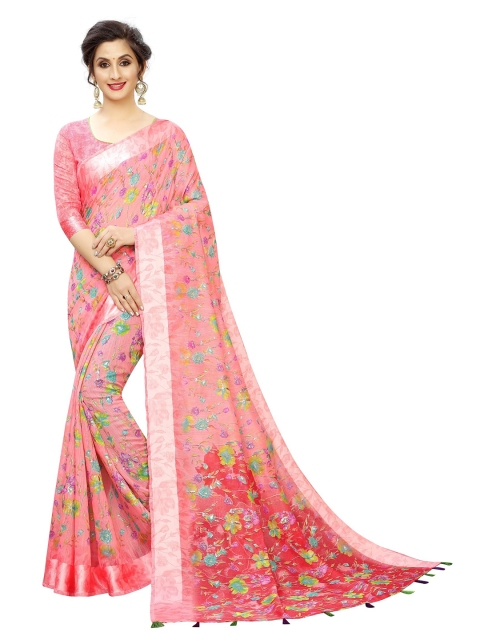 

PERFECTBLUE Peach-Coloured & Blue Floral Saree