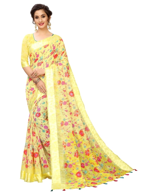 

PERFECTBLUE Yellow & Red Floral Printed Saree