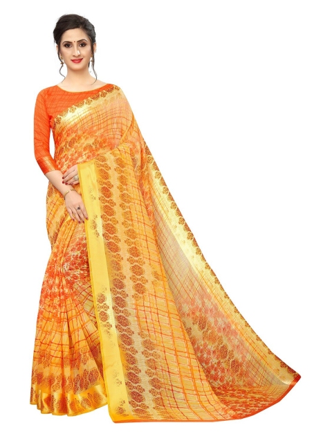 

PERFECTBLUE Orange & Mustard Ethnic Motifs Printed Cotton Linen Saree