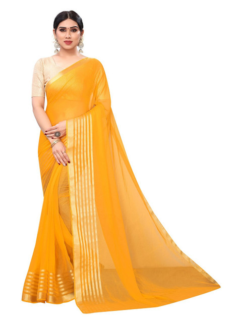 

PERFECTBLUE Yellow & Gold-Toned Zari Poly Chiffon Saree