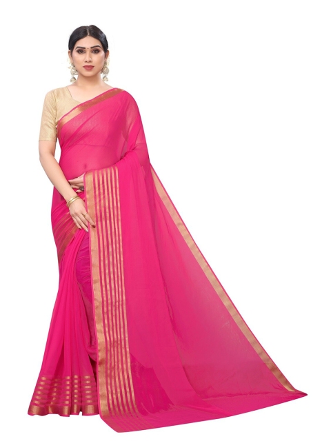 

PERFECTBLUE Pink & Gold-Toned Striped Zari Saree