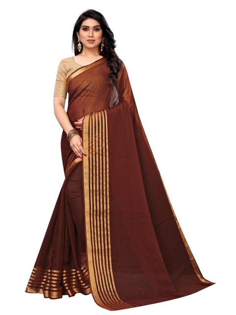 

PERFECTBLUE Brown & Gold-Toned Zari Chiffon Saree